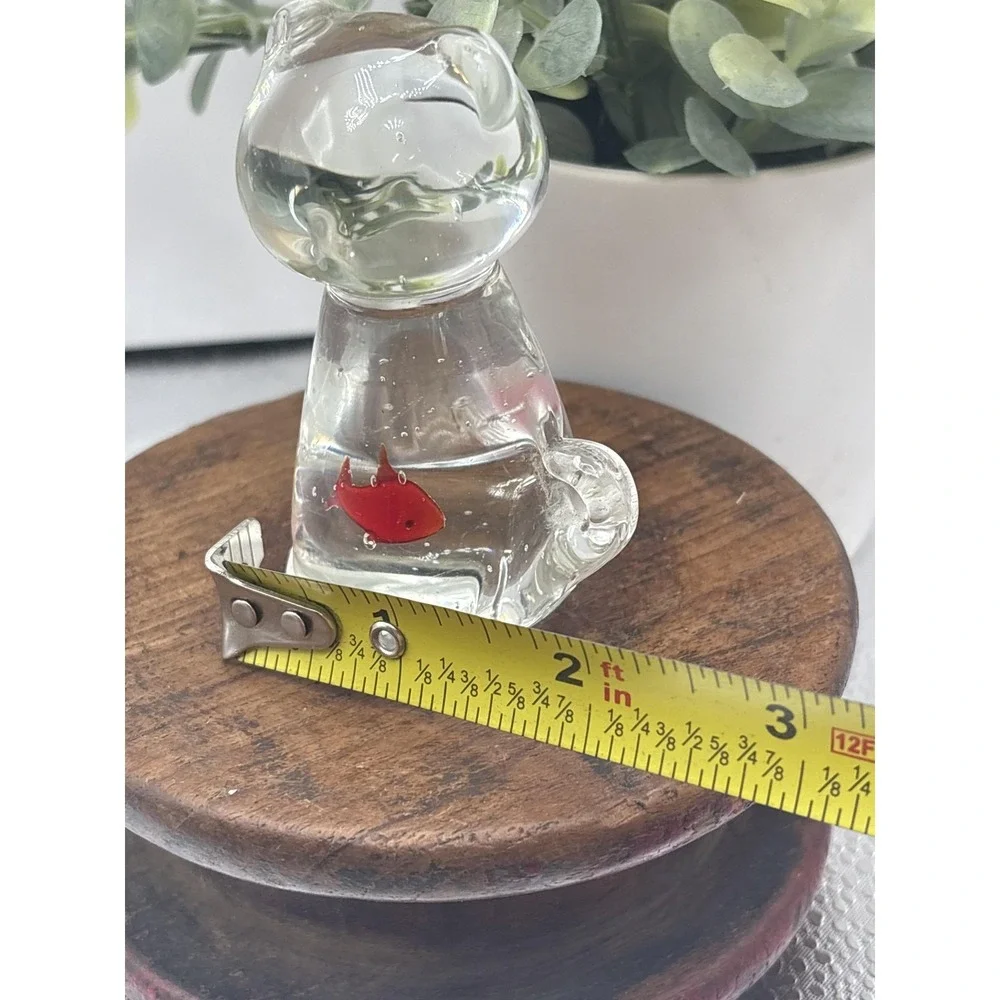 Glass Cat Figurine Clear Red Fish Inside Small Art Paperweight Animal Decor